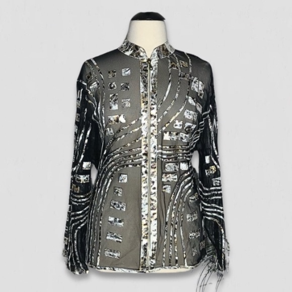 Berek Cocktail Blouse Zippered Sheer Mesh Black Gold Silver 3X - Picture 1 of 11